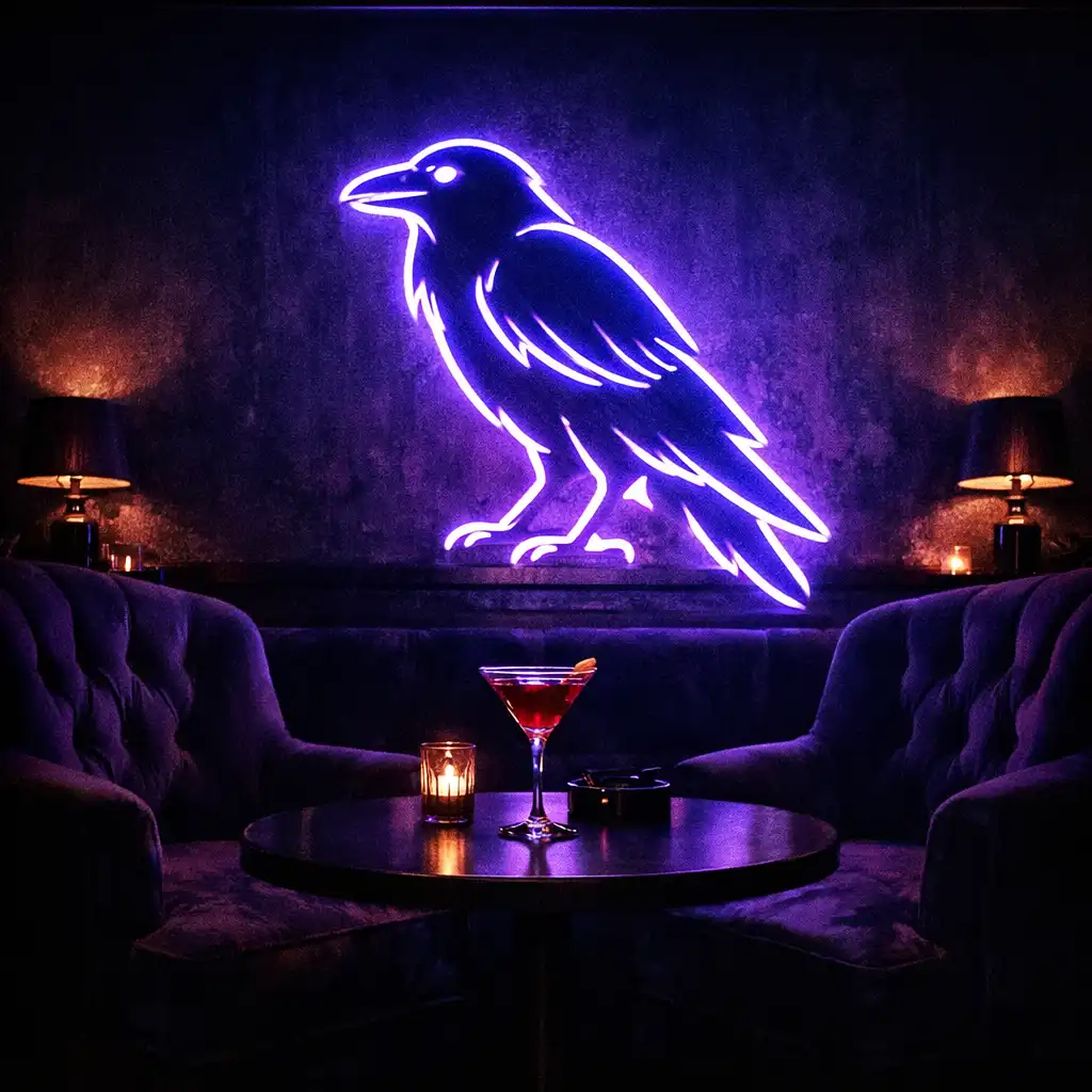 Sötét belső társalgó bársony fotelekkel, koktéllal és raven neon felirattal
