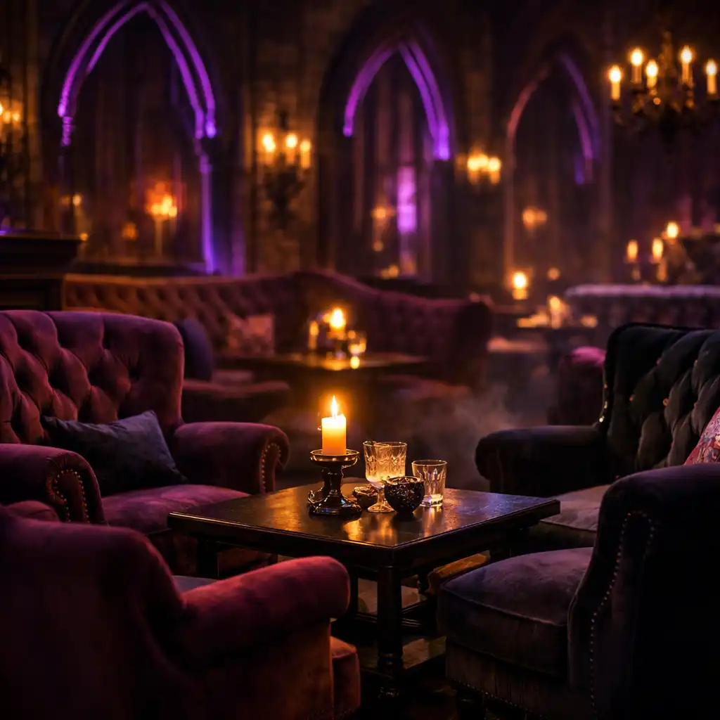 Luxus lounge sarok sötét, gótikus stílusú étteremben, bársony fotelekkel és alacsony asztallal, gyertyával