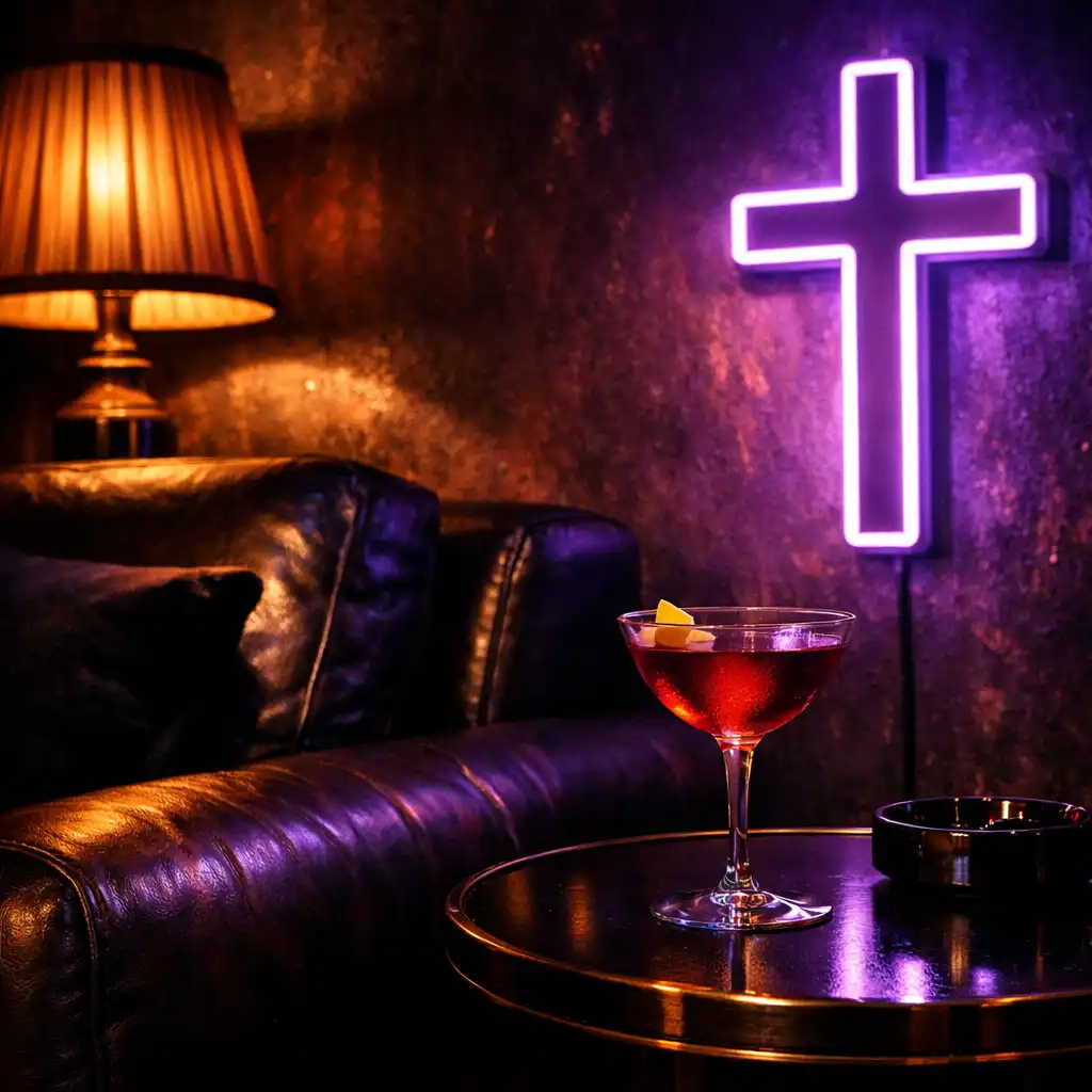 Részlet egy lounge sarokból, sötét bőrkanapéval, koktélos pohárral és neonkereszttel a falon